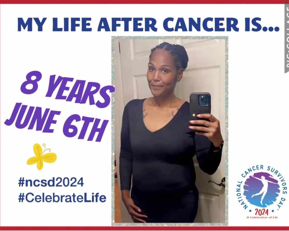 Woman celebrating 8 years cancer-free, taking a selfie. Text highlights National Cancer Survivors Day, June 6th, 2024. #CelebrateLife