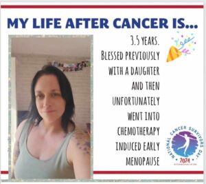 A woman with medium-length black hair smiles slightly while sharing her 3.5-year cancer survival journey, addressing challenges and blessings.