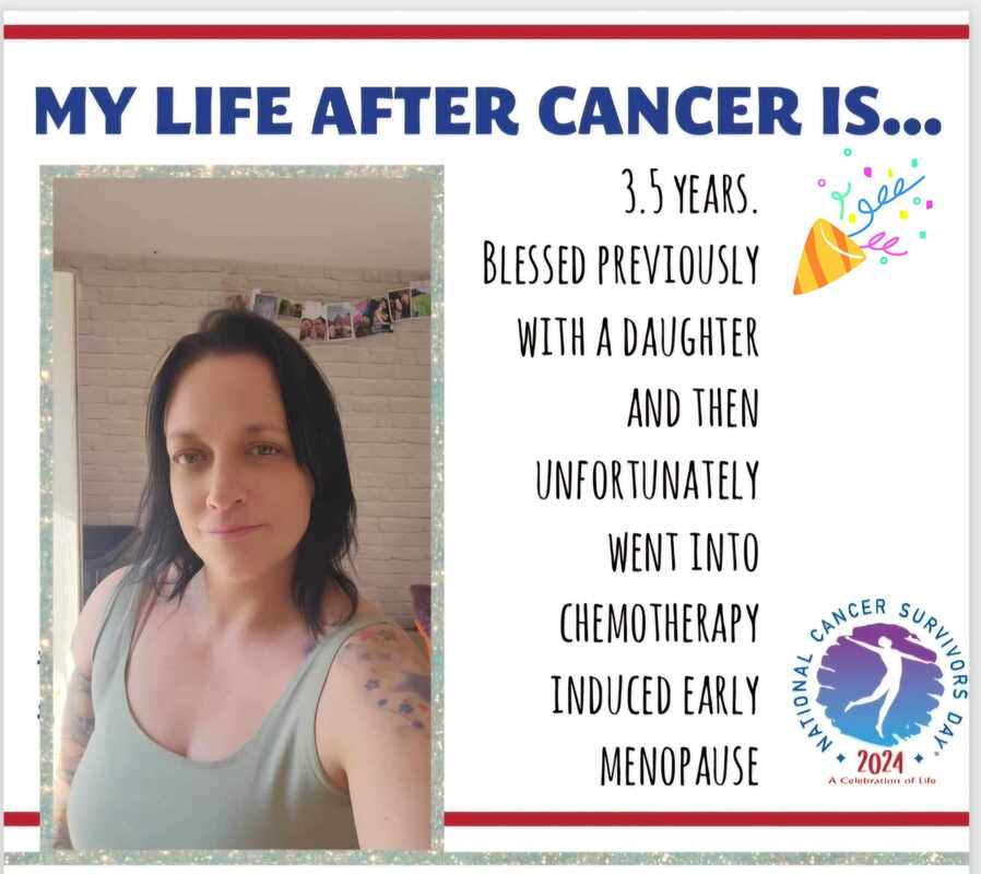 A woman with medium-length black hair smiles slightly while sharing her 3.5-year cancer survival journey, addressing challenges and blessings.