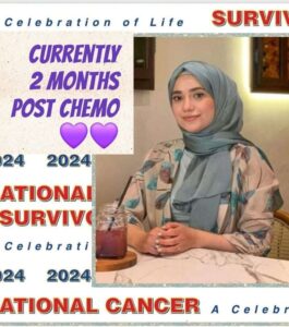 A smiling woman in a hijab celebrates her cancer survival, holding a drink. Text highlights her two-month post-chemotherapy milestone.