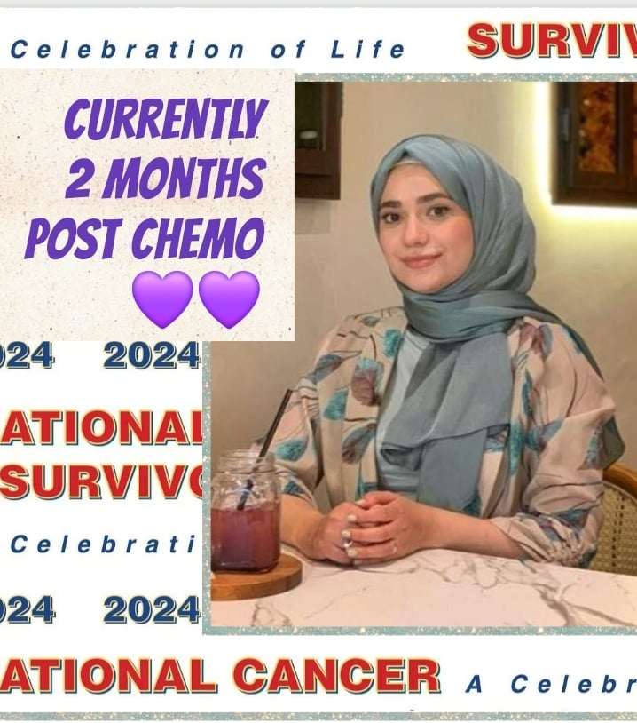 A smiling woman in a hijab celebrates her cancer survival, holding a drink. Text highlights her two-month post-chemotherapy milestone.