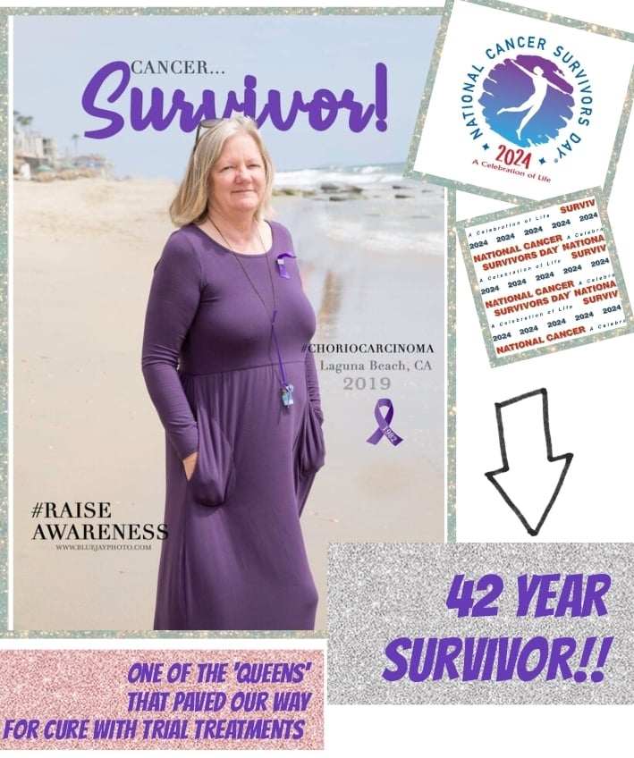 Cancer survivor stands on a beach in Laguna Beach, CA, wearing a purple dress. Celebrating 42 years of survival and raising awareness for choriocarcinoma.