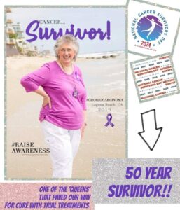 Woman in a purple shirt celebrates as a 50-year cancer survivor on a beach. The image promotes awareness for cancer survivorship.