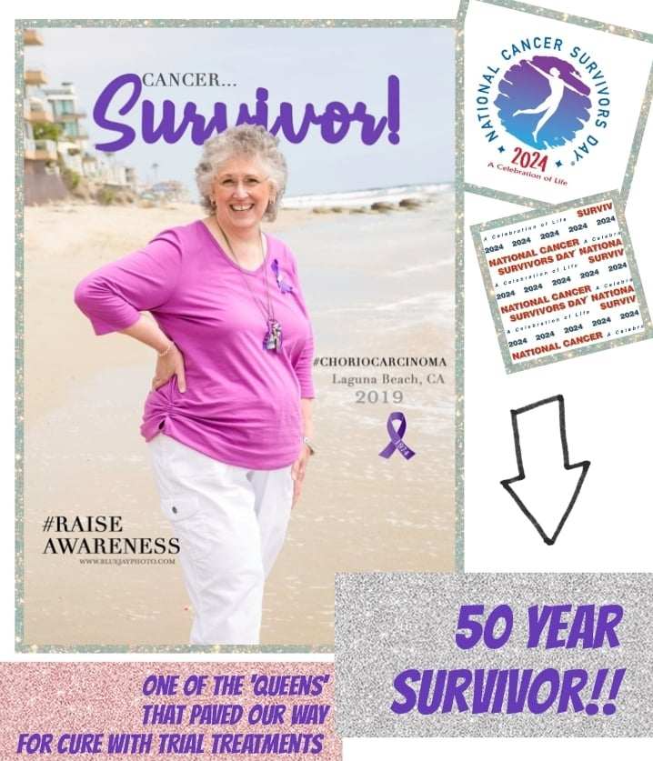 Woman in a purple shirt celebrates as a 50-year cancer survivor on a beach. The image promotes awareness for cancer survivorship.