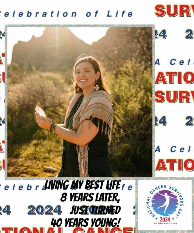 Smiling woman in nature holding a card, celebrating 8 years of survival. Text highlights her milestone birthday and National Cancer Survivors Day.