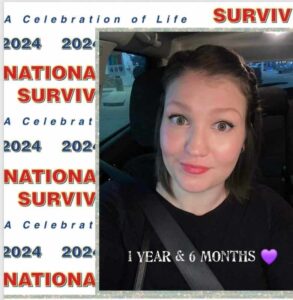 A woman sits in a car, smiling. Text overlay celebrates "National Survivorship" highlighting "1 Year & 6 Months" in purple, emphasizing resilience.