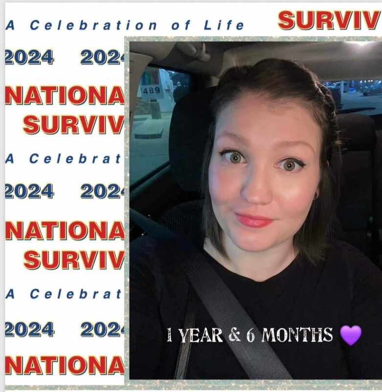 A woman sits in a car, smiling. Text overlay celebrates "National Survivorship" highlighting "1 Year & 6 Months" in purple, emphasizing resilience.