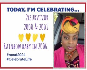 Celebrating resilience and joy, a woman proudly shares her journey as a two-time survivor and a rainbow baby mom in a vibrant head wrap.