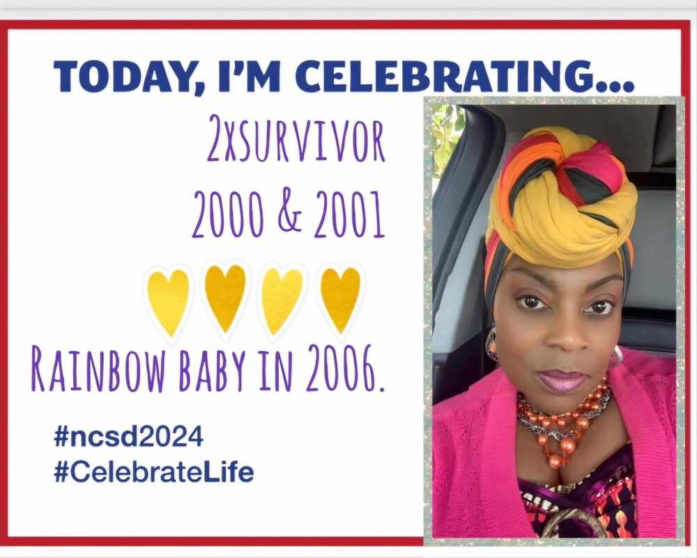 Celebrating resilience and joy, a woman proudly shares her journey as a two-time survivor and a rainbow baby mom in a vibrant head wrap.