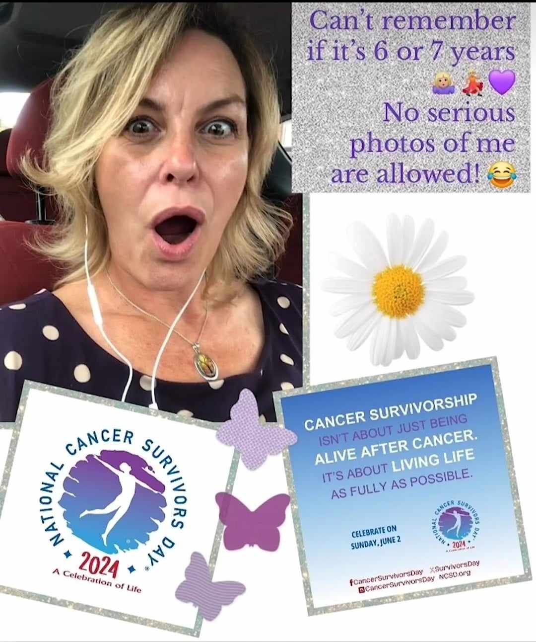Excited woman with open mouth sits in a car, celebrating National Cancer Survivors Day 2024, emphasizing living life fully after cancer.
