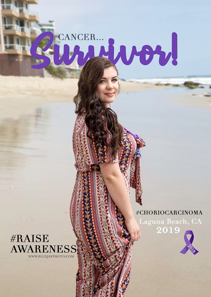 A cancer survivor poses confidently on a beach in Laguna Beach, CA, highlighting awareness for choriocarcinoma with a purple ribbon and text.