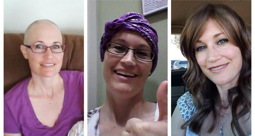 A triptych showing a woman through different stages: bald and smiling in a purple top, wearing a headscarf and giving a thumbs up, and finally with long hair, looking confident.