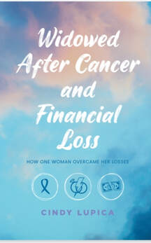 Book cover for "Widowed After Cancer and Financial Loss" by Cindy Lupica, featuring a soft blue and pink background, highlighting themes of resilience and recovery.
