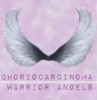 Silver angel wings on a soft pink background, accompanied by the words "Choriocarcinoma Warrior Angels," symbolizing strength and support for those affected by the condition.