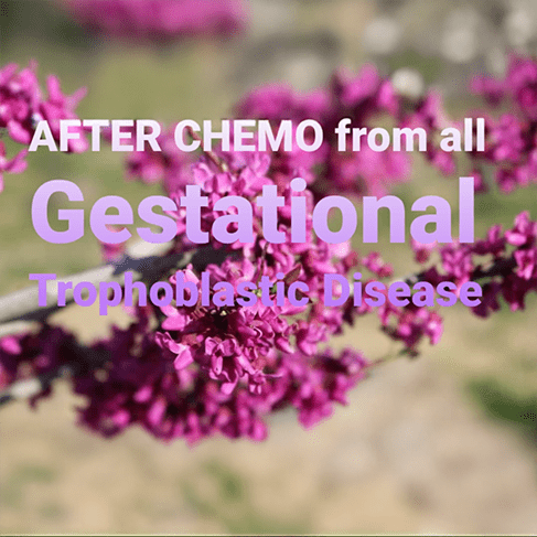 Pink flowering branches with text overlay: "AFTER CHEMO from all Gestational Trophoblastic Disease." Symbolizes hope and recovery post-treatment.