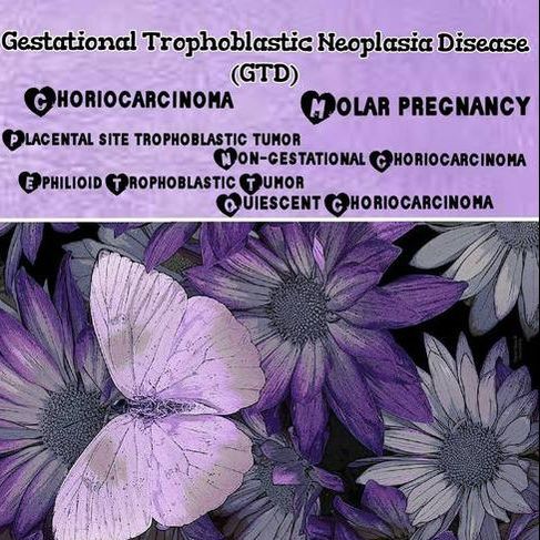 Text highlighting types of Gestational Trophoblastic Neoplasia Disease (GTD) over a floral background, focusing on choriocarcinoma and molar pregnancy.