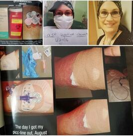 A collage documenting a personal health journey, featuring a woman in a mask, medication bottles, and images of a picc line removal.